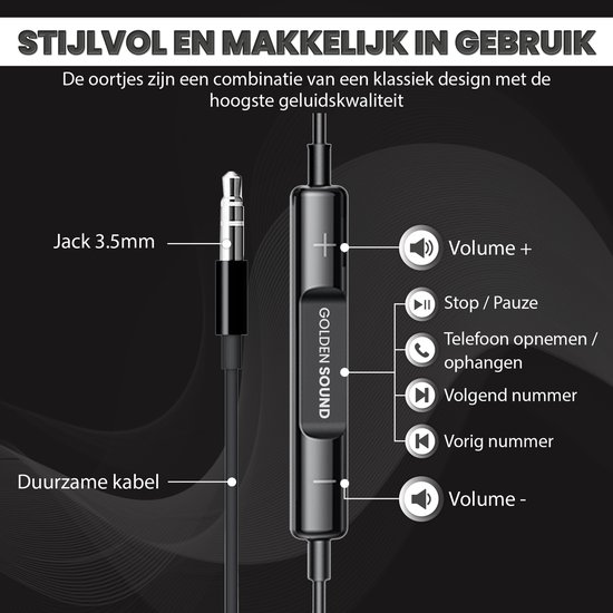 Zwarte oordopjes met Jack 3.5mm aansluiting, duurzame kabel en bediening voor volume en pauze.