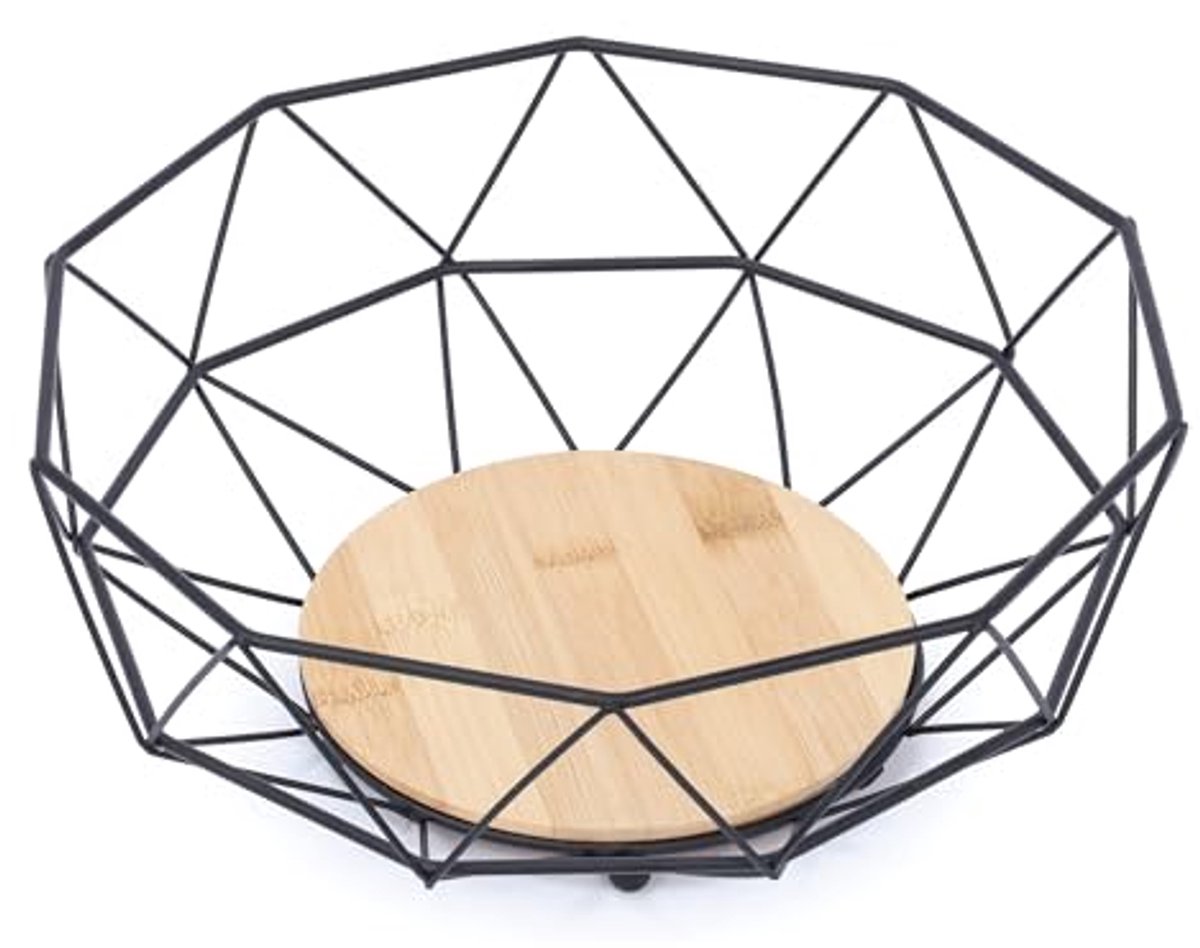 Industrieel design fruitmand van hout en staal in mat zwart en lichtbruin