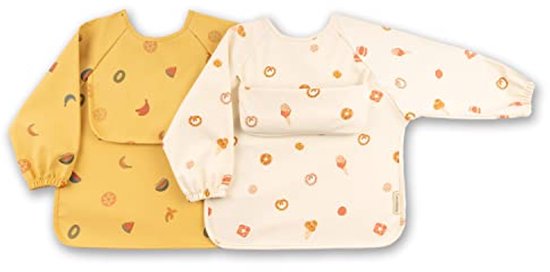 ÜneeQbaby Mouwloze Slabbetjes voor pasgeborenen en peuters, waterdicht, 2 stuks, lange mouwen, Oeko-Tex (Grijs Muziek, Paars Ruimte, Klein (6-18 maanden