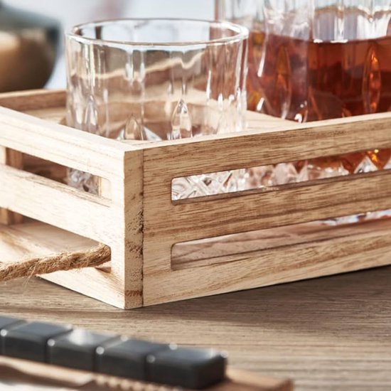 Kemstood Whisky karaf wereldbolset (850 ml) - elegante whiskykaraf met glazen, houten standaard en gegraveerde wereldkaart - cadeauset/cadeaus voor mannen die alles hebben, karaf