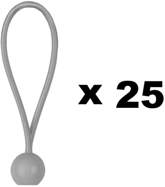 Set van 25 grijze koordelastieken met bal, 15 cm lang.