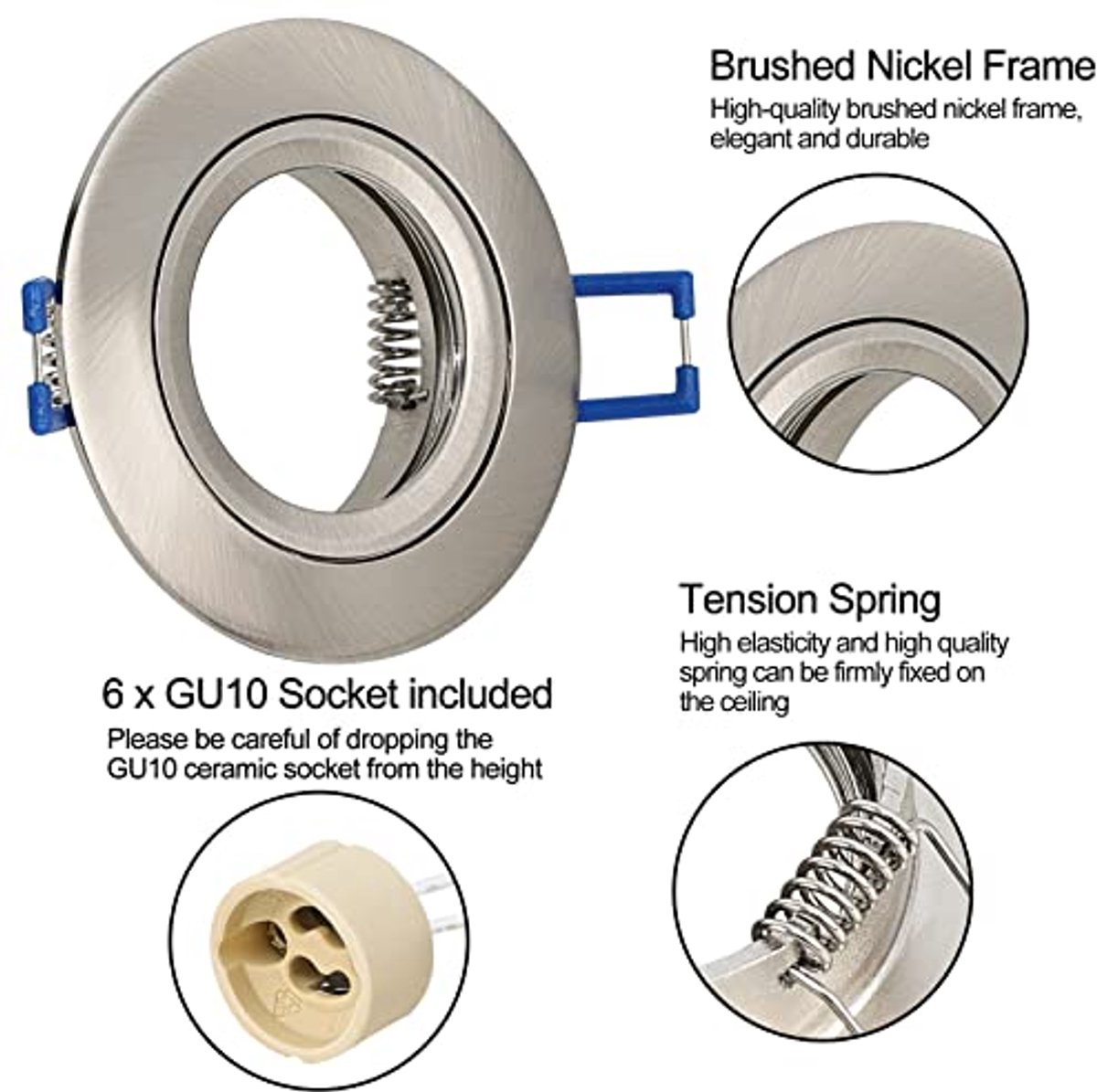 6 x GU10 Inbouwspot - Aluminium Nikkel LED Plafondspot - Extra Platte Fitting 60-70 mm