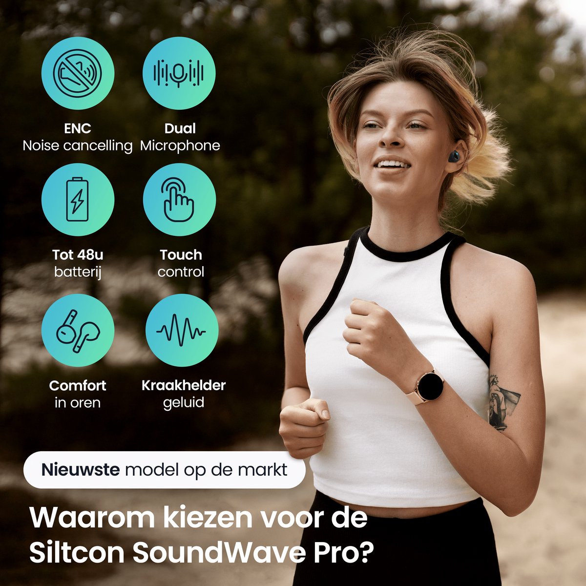 Siltcon® SoundWave Pro Sport - Volledig Draadloze Oordopjes – Oortjes Draadloos – Oordopjes – Oortjes - Bluetooth Oordopjes - Noise cancelling - Universeel - BT 5.3 - 48u op 1 lading - Blijven altijd zitten - Zwart thumbnail 2