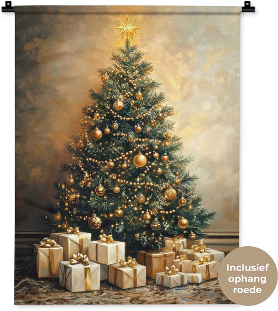 Tapisserie murale 60x80 cm - Décoration murale sapin de Noël - Cadeaux - Or - Tapisserie murale - Tapisseries