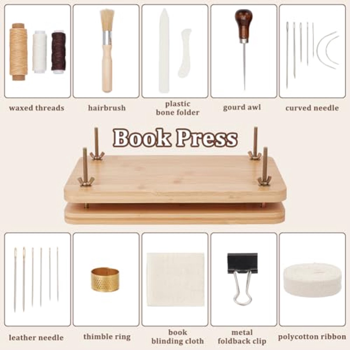 Boekbindkits en benodigdheden voor startende boekbinders - inclusief houten pers, stof, naald en draad thumbnail 3