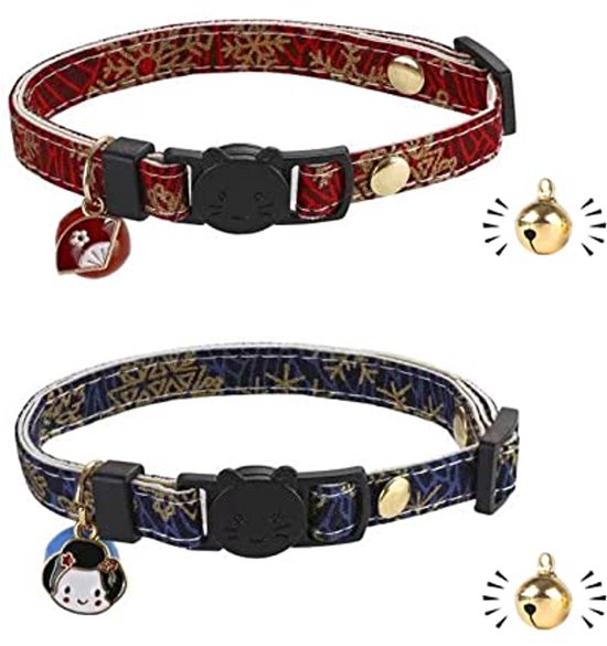 Teron 2 Stuks Kattenhalsband Met Breakaway Gesp – Verstelbaar 20-28 Cm – Met Bel En Strik – Zwart-grijs Geruit – Voor Kat En Kleine Hond