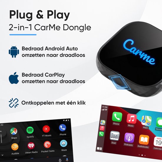 CarMe Premium 2-in-1 CarPlay Dongle - Draadloos CarPlay & Android Auto - Makkelijk Switchen Tussen Telefoons - USB-A & USB-C - Android Auto Dongle - Zwart