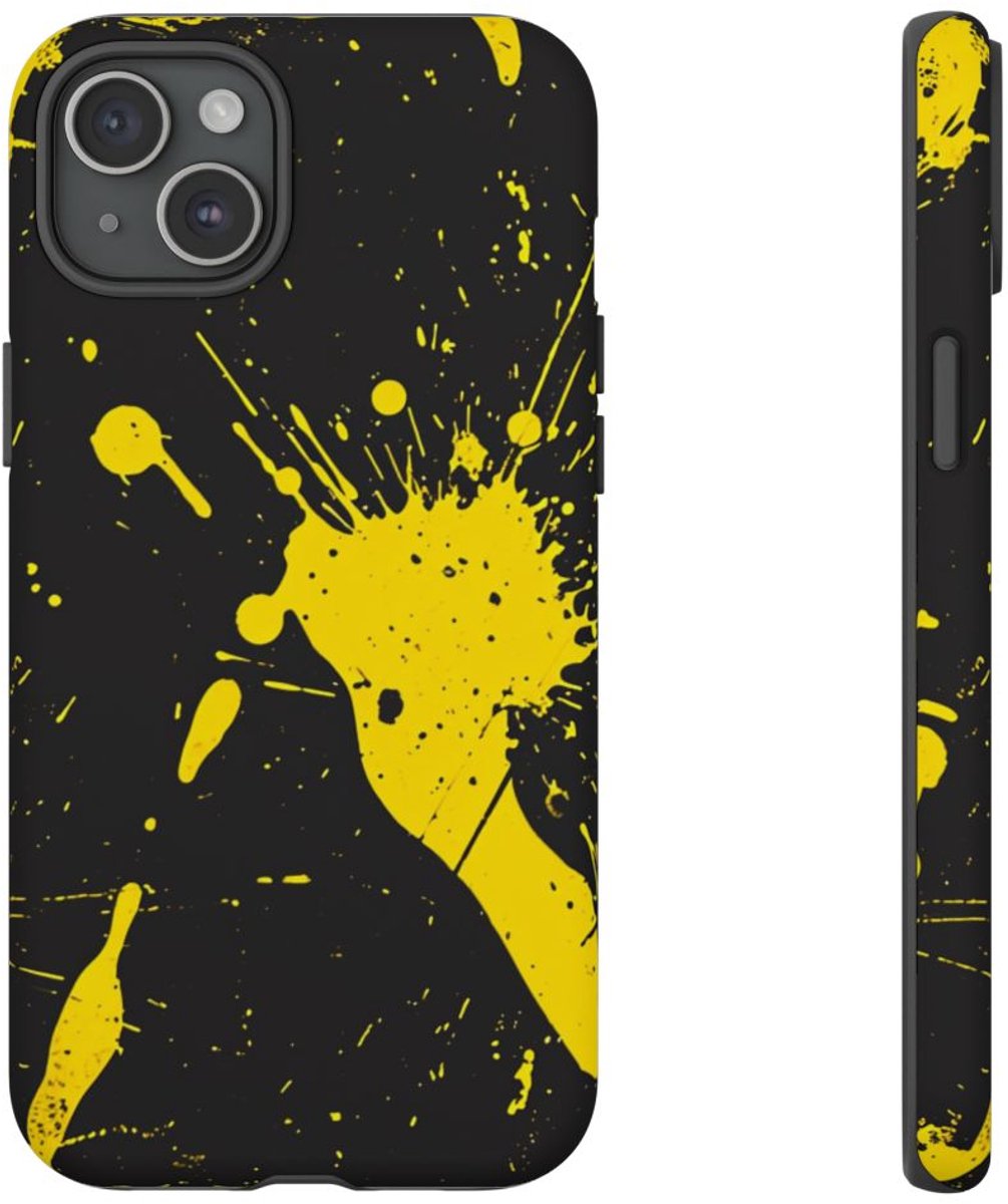 Gele Verfspatten op Zwarte Achtergrond – Telefoonhoesje Geschikt voor iPhone 15 Plus