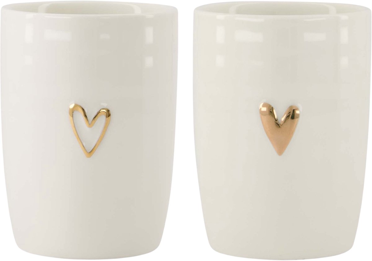 Zusss Cadeauset 2 Koffiemokken Met Goud Reliëf Hartje - Verjaardagscadeau - Verjaardag - Cadeau Dames Keramiek Wit / Goud