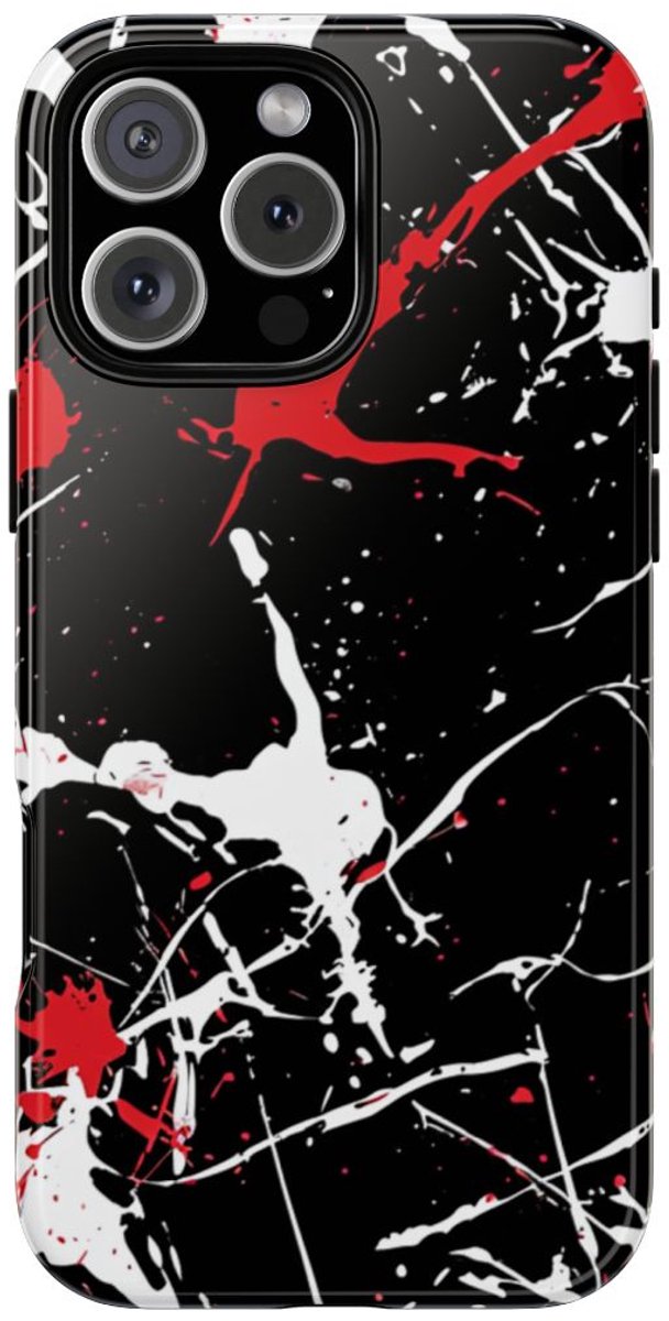 Rode en Witte Verfspatten op Zwart – Telefoonhoesje Geschikt voor iPhone 16 Pro Max