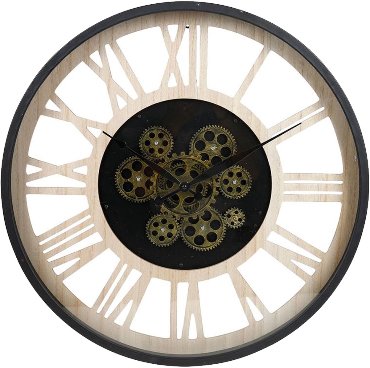 Ostaria Wandklok/muur klok - open uurwerk - D40 cm - metaal/hout - zwart/naturel - woonkamer/keuken
