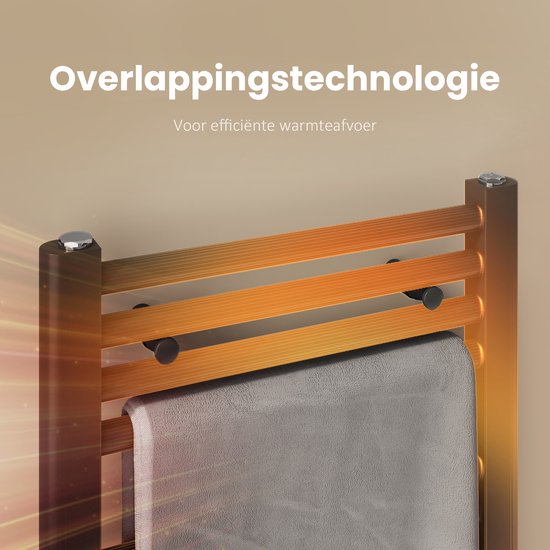 Houtkleurige radiator met overlappendingstechnologie voor efficiënte warmteafvoer.