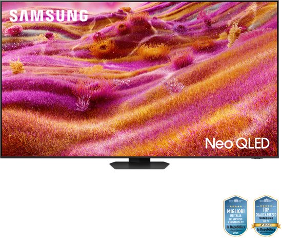 Samsung Neo QLED tv met een roze en oranje abstracte afbeelding, met "Samsung" en "Neo QLED" logo's.