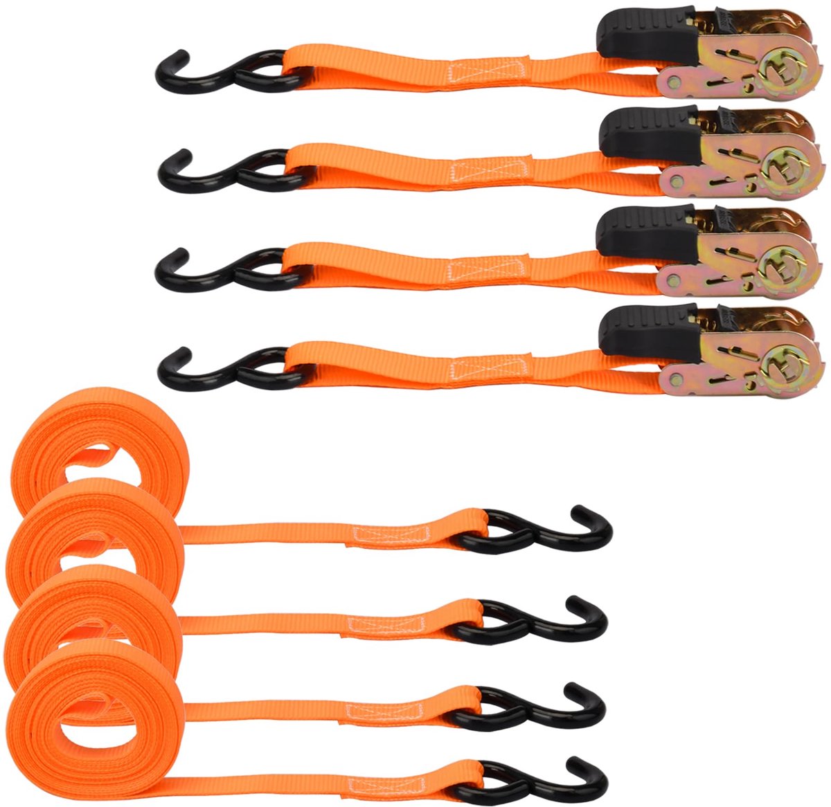 Spanbanden met ratel - Tweedelig, met haken, 800 kg draagvermogen - Voor autotransport, motorfiets en aanhanger - Oranje, 5 meter, 4 stuks
