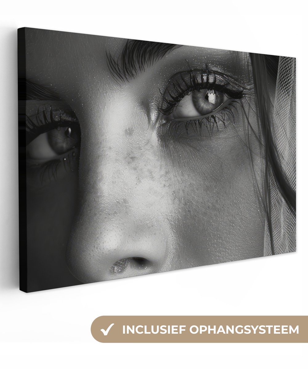 Canvas schilderij 180x120 cm - Wanddecoratie badkamer Vrouw - Portret - Zwart wit - Vintag