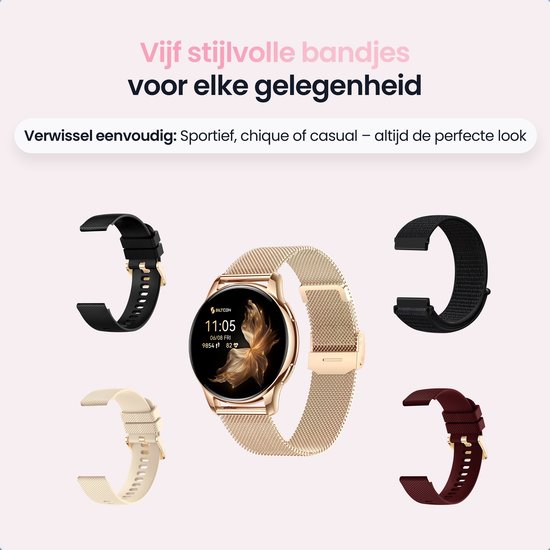 Siltcon® Auréa Smartwatch Dames - Horloge Dames - Stappenteller Horloge Dames - Hartslagmeter - Slaapmonitor - Saturatiemeter - Geschikt voor iOS/Android - AMOLED - RVS - Elke pols - Incl. 5 Bandjes