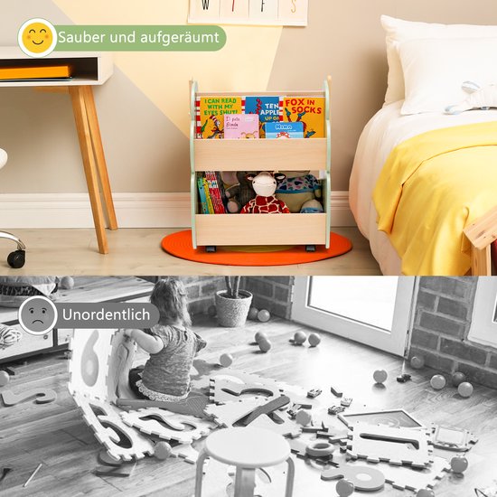 COSTWAY Kinderboekenkast op Wieltjes – 2 Niveaus Houten Speelgoedrek, Open Opbergruimte, Mobiel en Duurzaam MDF & Grenenhout, 52x46x62,5 cm, Roze