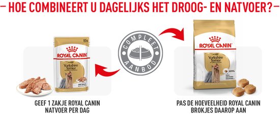 Combinatie van natvoer en brokken voor Yorkshire Terriërs. Rechts een zak Royal Canin met brokken. Links een verpakking natvoer.