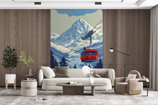 Behang - Fotobehang Kabelbaan - Sneeuw - Berglandschap - Breedte 200 cm x hoogte 300 cm