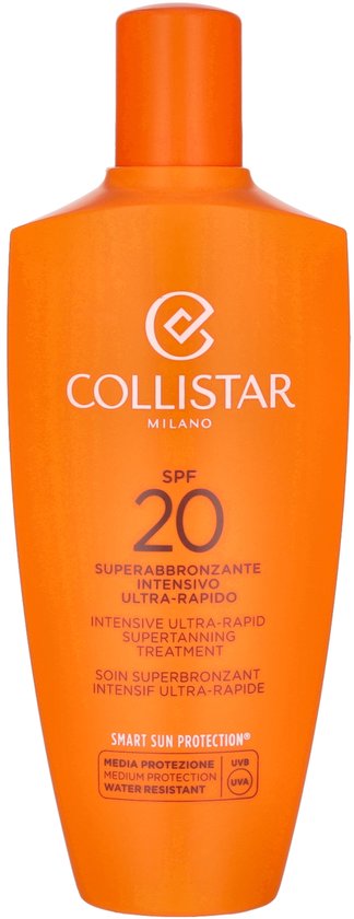 Collistar zonnebrandmelk SPF 20, oranje fles met witte dop.
