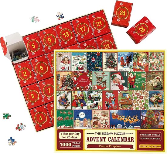 Adventskalender 2025 - Adventskalender puzzel met 1000 stukjes - 24 dagen aftellen naar Kerstmis - Puzzel - Adventskalender voor dames - Kerstmanpuzzel - Kerstdecoratie - Kerstcadeau voor jongens, meisjes en volwassenen - A
