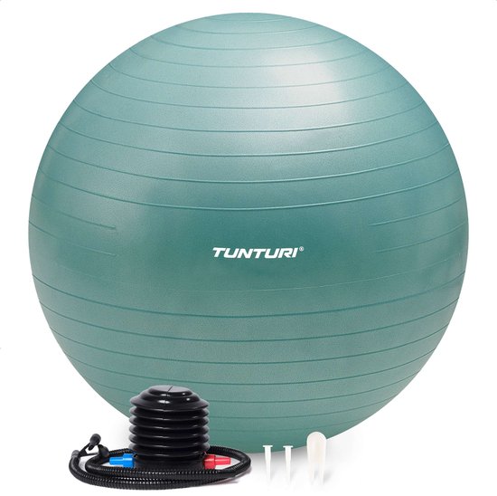 Tunturi Anti Burst Fitness bal met Pomp - Yoga bal 90 cm - Pilates bal - Zwangerschapsbal – 220 kg gebruikersgewicht - Incl Trainingsapp – Petrol