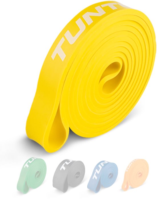 Tunturi Power Band - Weerstandsband 5 tot 20 kg – Pull up Resistance Band - Fitness Elastiek – 104 cm - Incl Trainingsapp - Geel