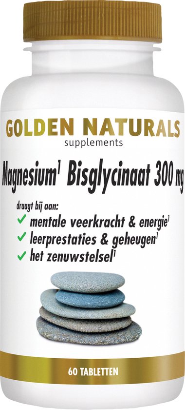 Witte fles Golden Naturals Magnesium Bisglycinaat 300 mg, 60 tabletten, met stapel stenen.