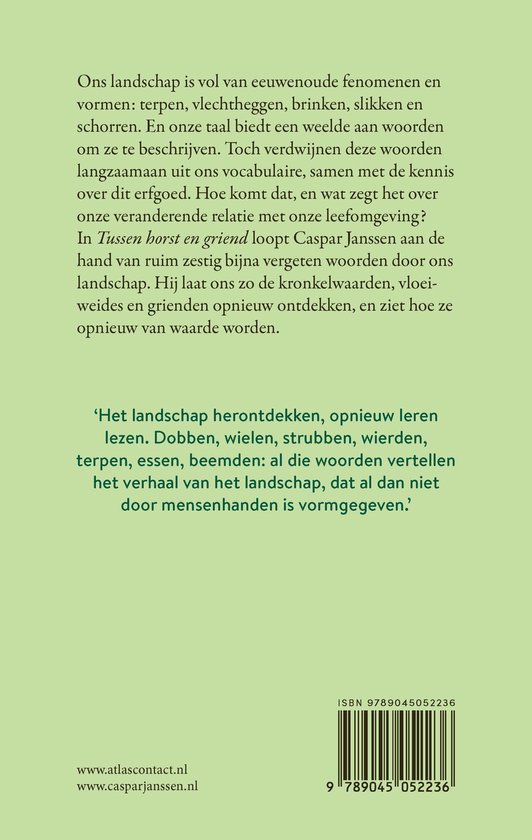 Boek met tekst en ISBN-barcode. De titel 'Tussen horst en griend' staat bovenaan.
