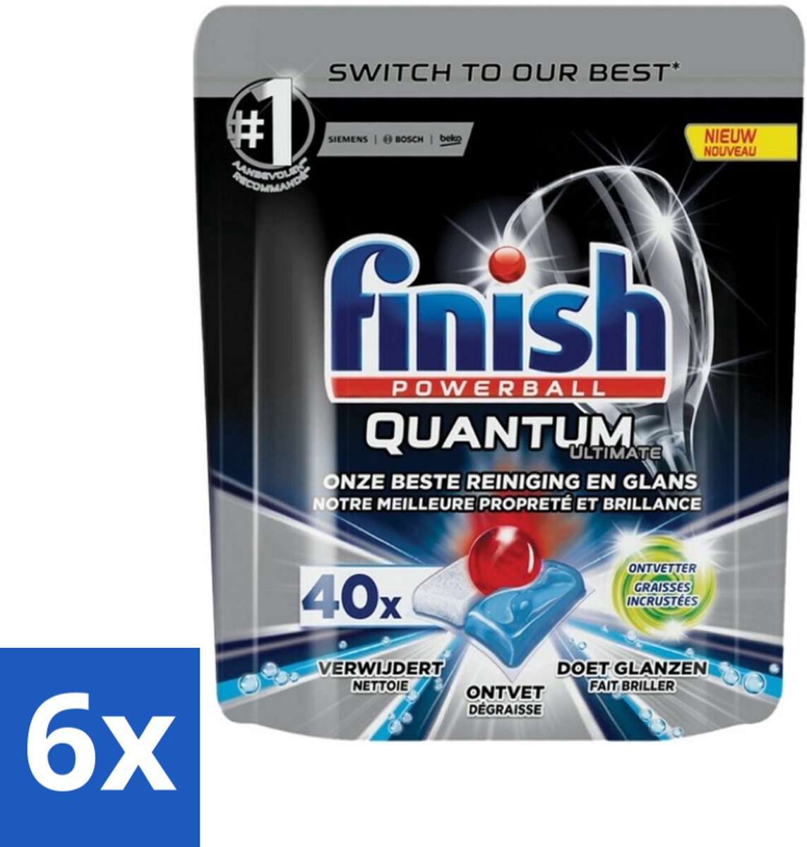 6 x Finish Powerball - Quantum Ultimate - Vaatwastabletten - Ontvetter - 40 Tabletten - Vaatwastabletten - Afwasmiddel - Ontvetter - Vaatwasser - Schoonmaak