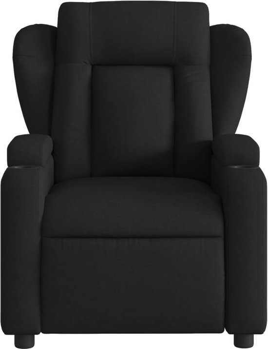 Zwarte fauteuil met hoge rugleuning, van voren gezien.