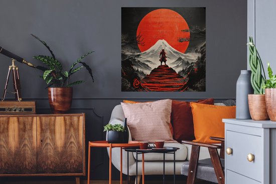 Kunstwerk met samoerai op rode trappen voor Fuji-berg onder rode zon.