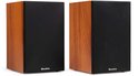 Twee compacte houtlook boekenplankluidsprekers met zwarte voorkant en Audizio logo.