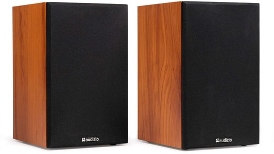 Twee compacte houtlook boekenplankluidsprekers met zwarte voorkant en Audizio logo.