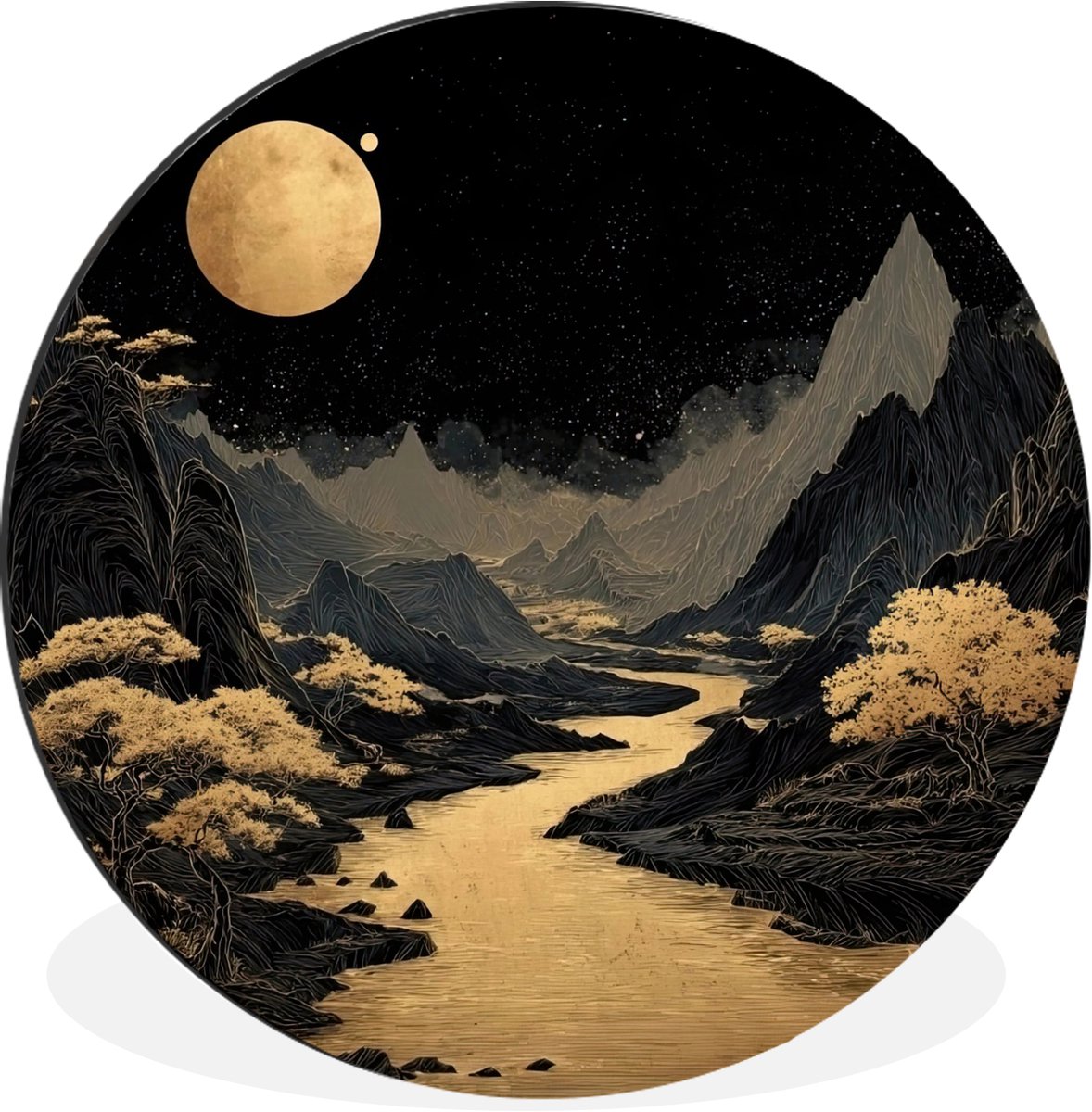 WallCircle Wandcirkel - Muurcirkel - Gouden rivier - Bergen - Maan - Sterrenhemel - Aluminium - Dibond - 90x90 cm - Binnen en Buiten