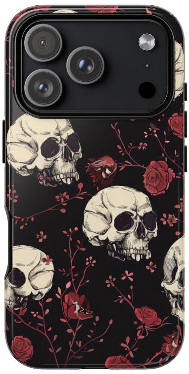 Schedels en Rode Rozenpatroon – Telefoonhoesje Geschikt voor iPhone 17 Pro