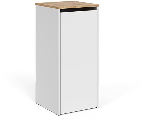Witte badkamerkast met houten bovenblad, staand op witte pootjes.