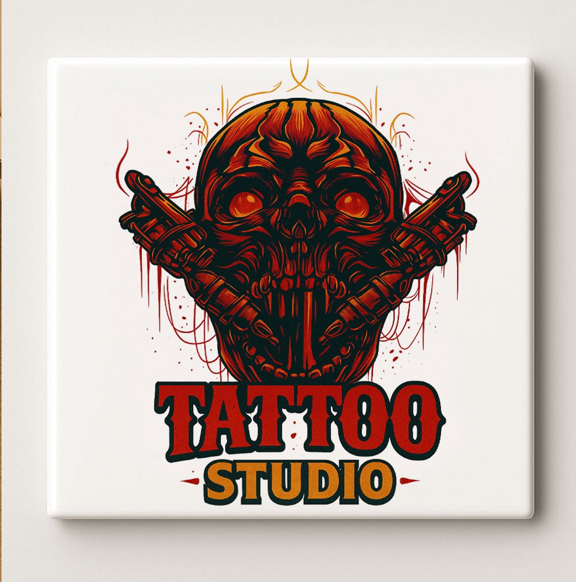 Nevolis Tattoo Studio Schedel Kunst Keramische Tegel 15x15cm – Stoer Rood Gotisch Ontwerp voor Tattoo Liefhebbers & Woondecoratie Multi Color