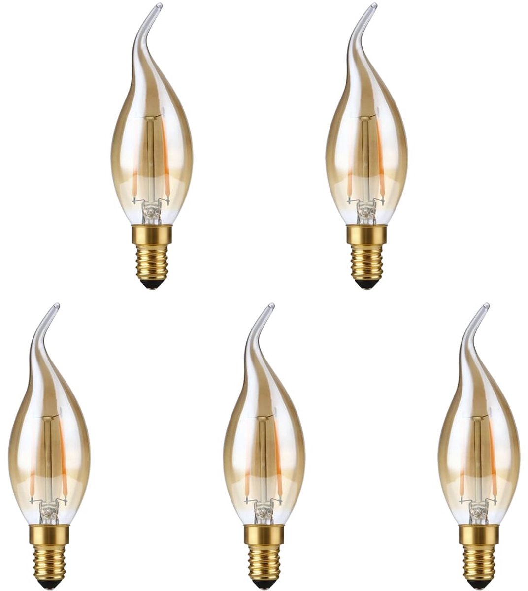 SPL E14 LED Lamp 2W Dimbaar - CRI 93 - Goud - Extra Warm Wit - 2200K - LED Filament Kaars Vlam C35 - Vervangt 15W - 5 Stuks