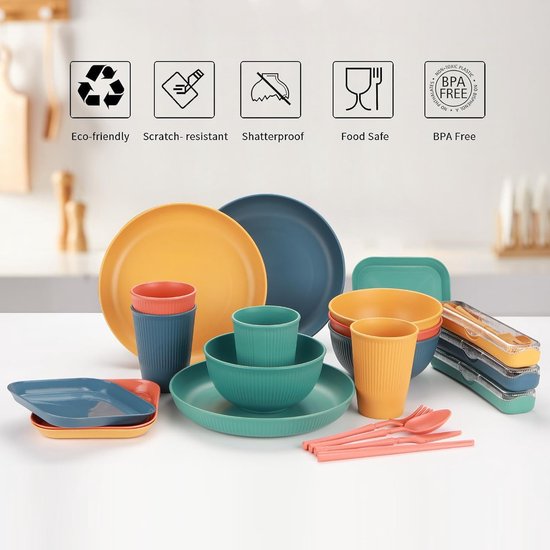 Camping Servies Set 56-Delig - herbruikbare & onbreekbare serviesset in 4 kleuren is geschikt voor familie-diners,picknick en kamperen en dagelijks gebruik van Merkloos — afbeelding 4