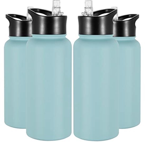 BOTTLE BOTTLE Roestvrijstalen waterfles met rietjesdeksel en handvat 950 ml vacuümgeïsoleerde beker voor sport, reizen, sportschool, wandelen, lekvrije waterfles met brede opening voor heren, bossen