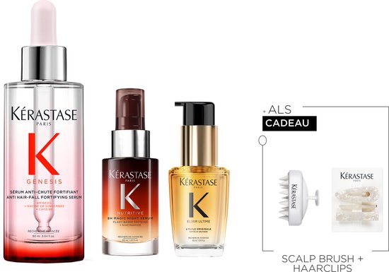 Kérastase Genesis, Nutritive & Elixir Ultime Trio + 2 Cadeaus - Genesis Serum 90ml, Night Serum 30ml & Haarolie 30ml + Scalp Brush & Haarclips Haarklem Cadeau - Voor Anti-Frizz & Anti-Haaruitval