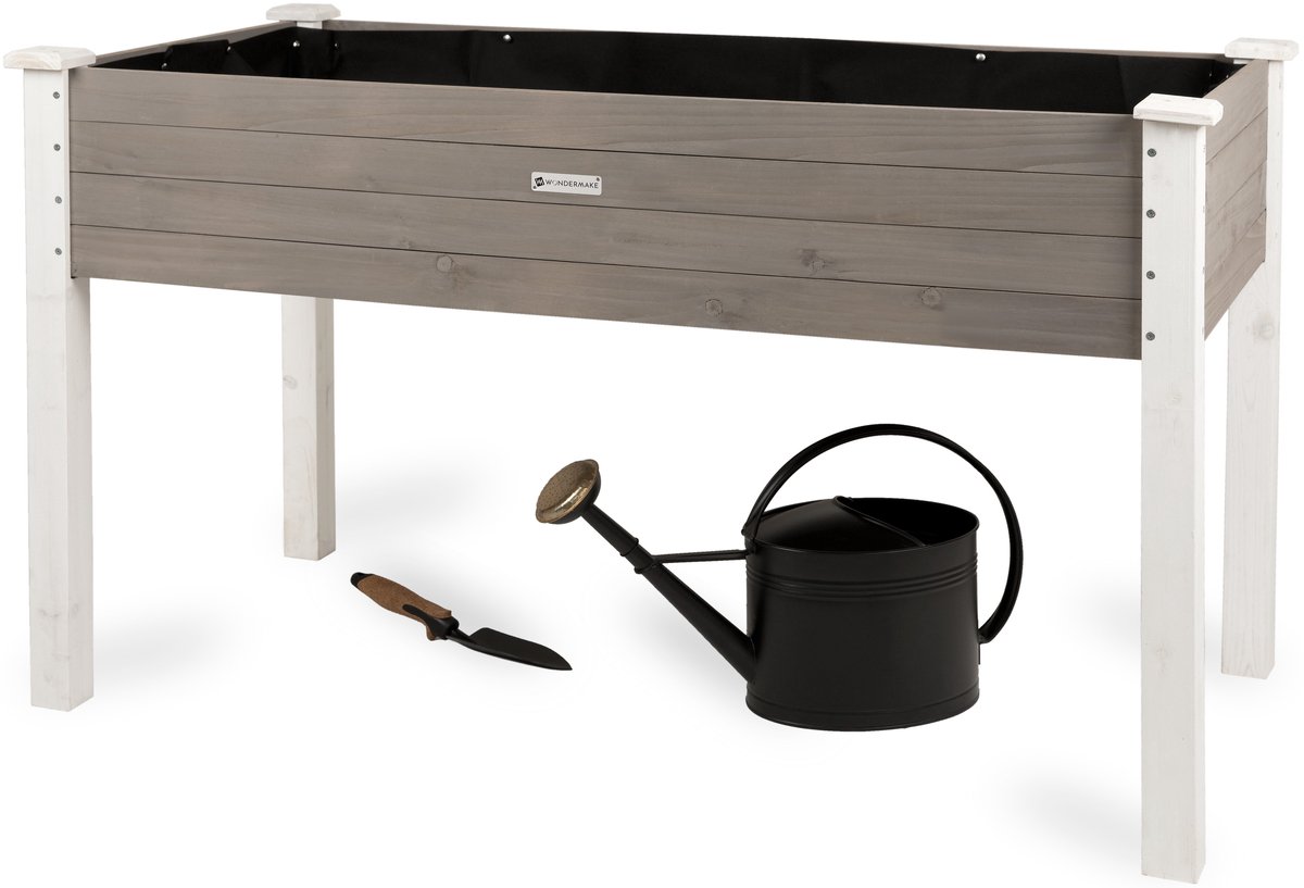 WONDERMAKE® Groot houten verhoogd bed voor tuin, balkon, terras, XL rechthoekig smal plantenbakpakket met vliesfolie, kruidenbedplantenbak, 124 x 63 x 75 cm, witgrijs antraciet
