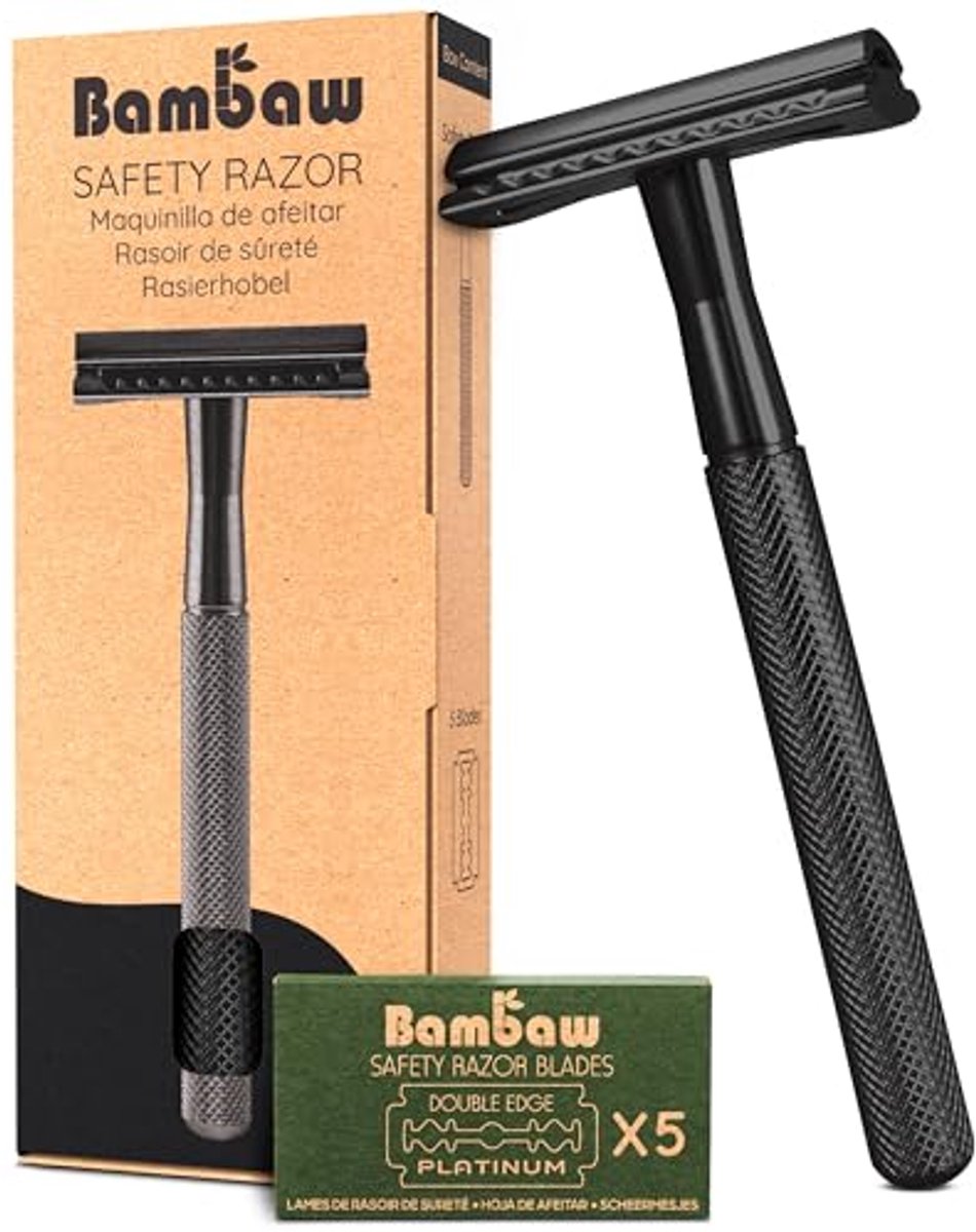Metal Safety Razor with 5 Safety Razor Blades | Black | Wet Shaving for Men and Women | Suitable for All Double Sided Blades | Safety Razor | Environmentally Friendly | Bambaw