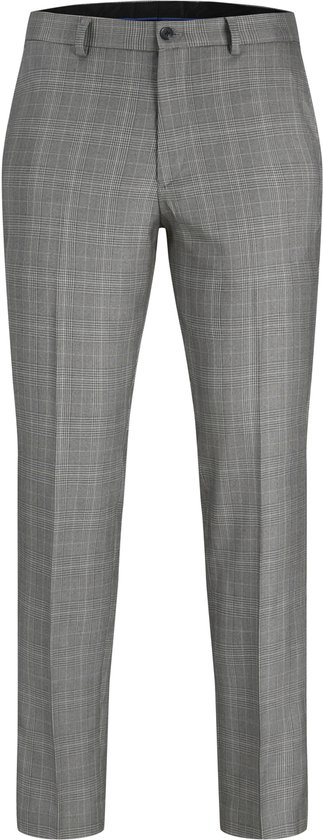 Voorkant van een losse grijze geruite broek.
