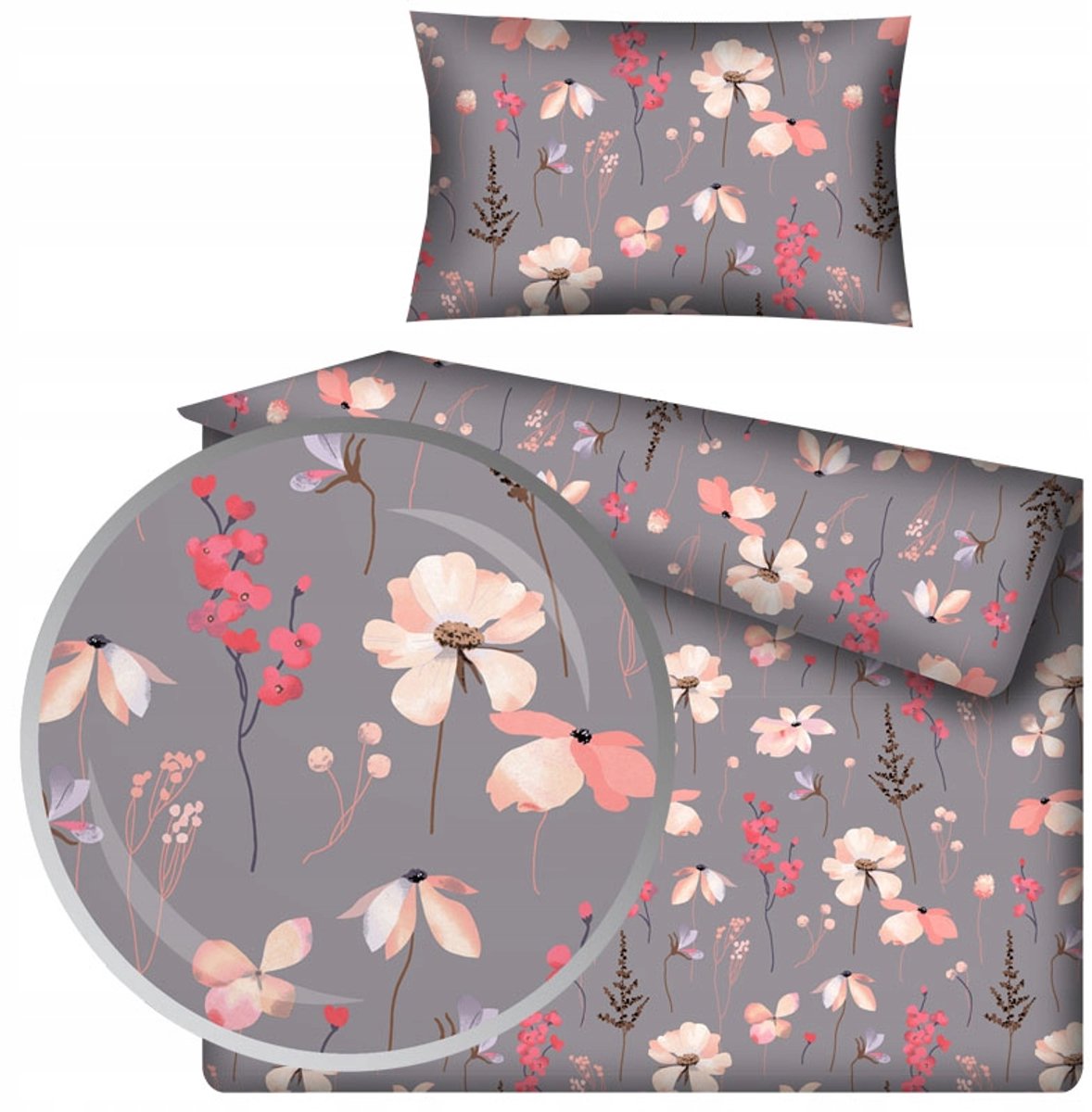 Grijze Katoenen Kinderbeddengoed Set 100x135cm - Japanse Tuin Bloemen