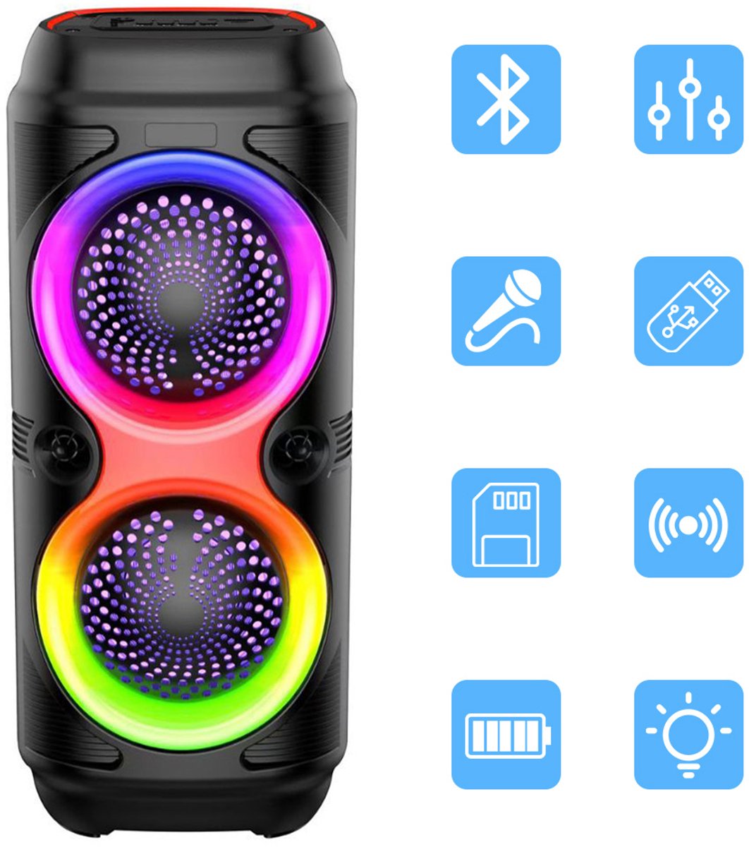 Bluetooth Speaker - Party Speaker - Draadloze Muziek Box - Speakers -LED Verlichting - Bluetooth - Karaoke - met RGB-Verlichting, Subwoofer, USB-Ingang en Microfoonaansluiting - Geschikt vVoor Feesten, Kamperen In De Buitenlucht en Karaoke-Evenemente
