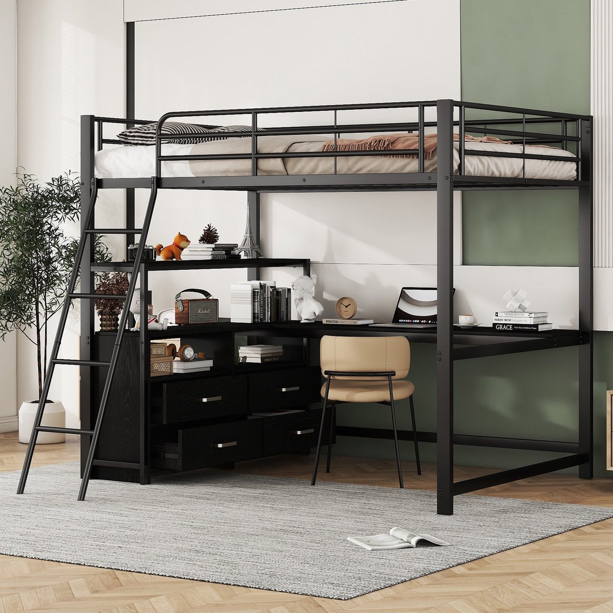 HAUSS SPOLE Hoogslaper 140x200 - Kinderhoogslaper met Praktische Schubladen en L-Vormig Bureau - Metaal - Zwart