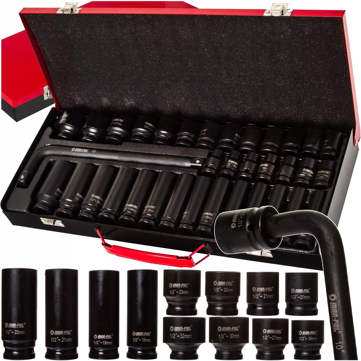 35-delige Slagdoppenset 1/2" 8-32mm met L-sleutel en Koffer