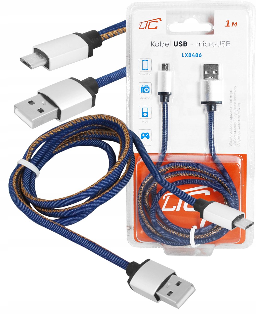 LTC Jeans USB-A naar MicroUSB Kabel 1m - Sterk, Snel Laden & Data
